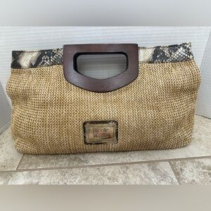 Nicole Beige Woven Tote with Dark Wood Handle